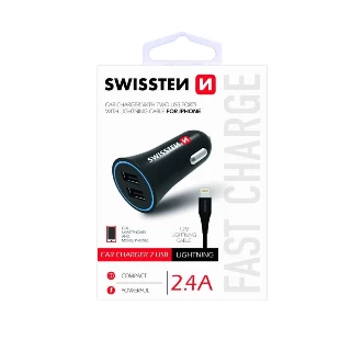 Swissten Auto punjač 2,4A 2X USB + kabl Lightning 1,2m crna