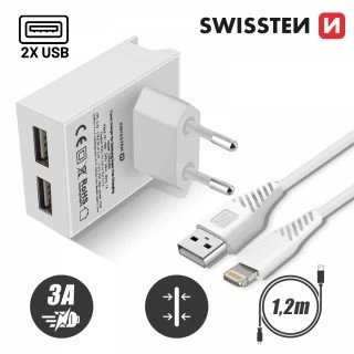 Swissten punjač 2x USB 3A + kabl Lightning 1,2m bela