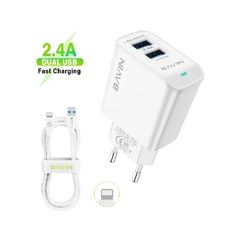 BAVIN punjač 2xUSB-A 2,4A +kabl type-A na lightning 1 m bela