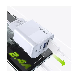 BAVIN punjač 2xUSB-A 2,4A +kabl type-A na lightning 1 m bela