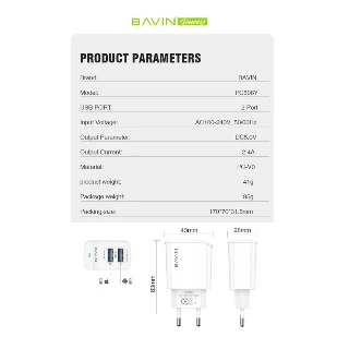 BAVIN punjač 2xUSB-A 2,4A +kabl type-A na lightning 1 m bela