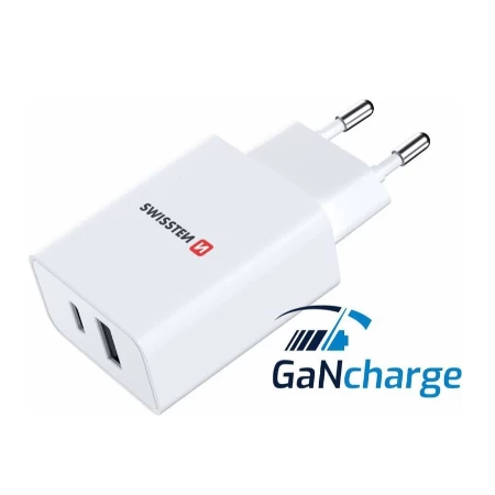 Swissten punjač 1xUSB+ 1X USB C GaN charge 30W bela