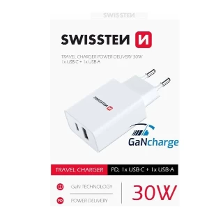 Swissten punjač 1xUSB+ 1X USB C GaN charge 30W bela