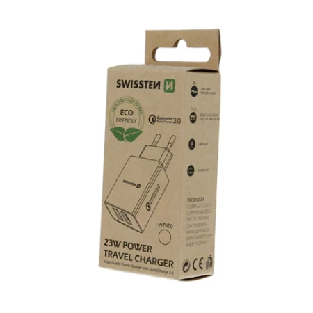 Swissten punjač  Eco Pack 2x USB 23W bela