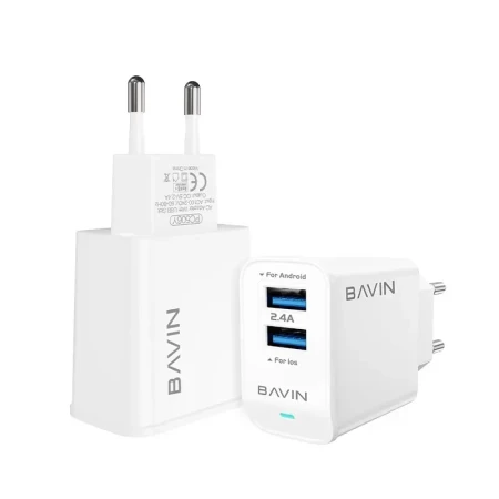 BAVIN punjač 2xUSB-A 2,4A +kabl lightning bela