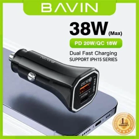 Bavin auto punjač  PD20W QC3.0 USB-A + USB-C crna