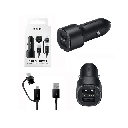 Samsung auto punjač 15W 2xUSB-A + combo kabl micro i Type-C crna