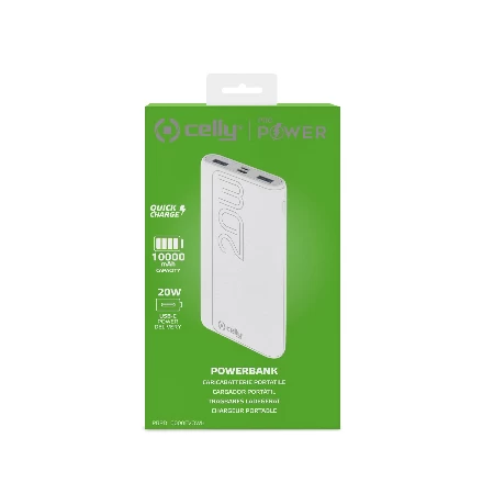 Celly power bank 10000 mAh 20W + kabl Type-A na Type-C bela