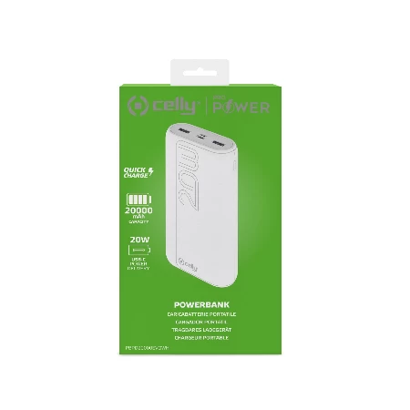 Celly power bank 20000 mAh 20W + kabl Type-A na Type-C bela