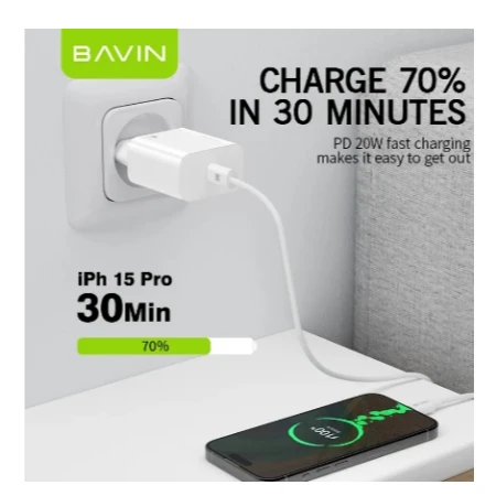 Bavin punjač 20W USB-C + kabl type-C bela