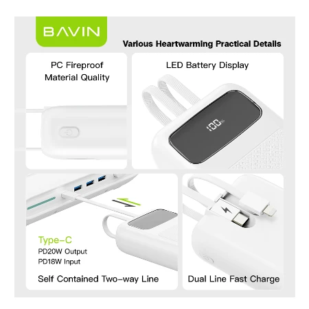 Bavin Power bank 20000mAh 22,5W  Type C & Ligtning  kabl - PC007S PRO