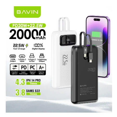 Bavin Power bank 20000mAh 22,5W  Type C & Ligtning  kabl - PC007S PRO