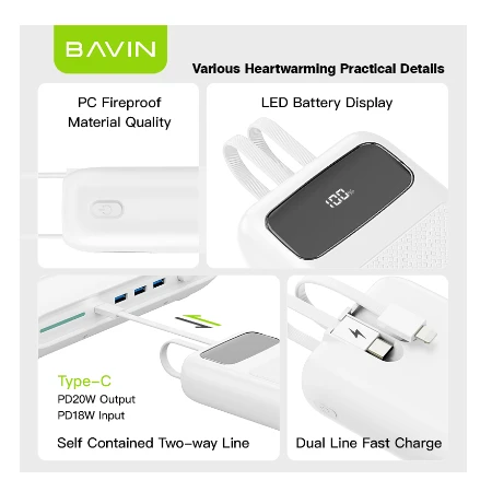 Bavin Power bank 20000mAh 22,5W  Type C & Ligtning  kabl - PC007S PRO