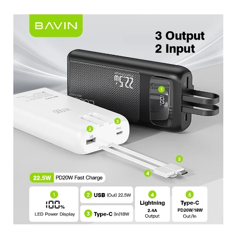 Bavin Power bank 20000mAh 22,5W  Type C & Ligtning  kabl - PC007S PRO