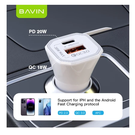 Bavin Auto punjač 20W PD QC3,0 USB&Type C bela