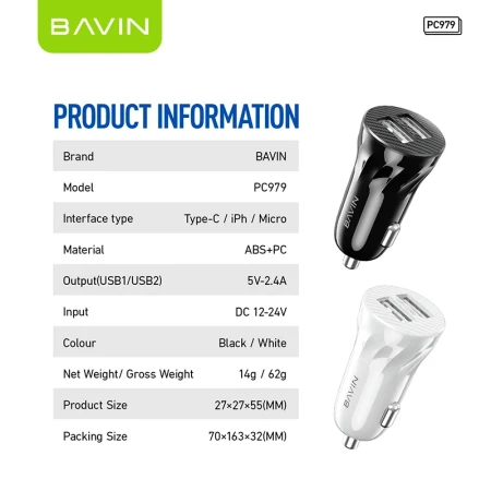 Bavin Auto punjač 2xUSB + kabl Micro crna