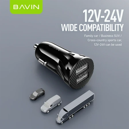 Bavin Auto punjač 2xUSB + kabl Micro crna