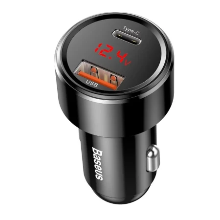 Baseus Autopunjač Usb A/Type C PD+QC Led display 45W crna
